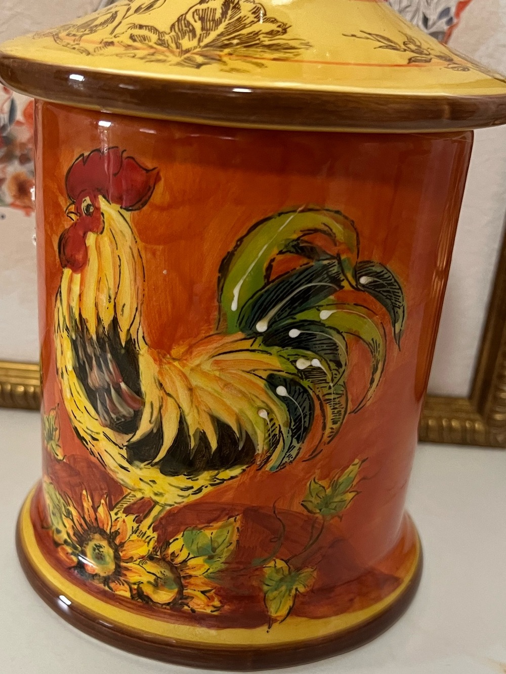 Hand-Painted Ceramic Rooster Canister in Orange and Yellow